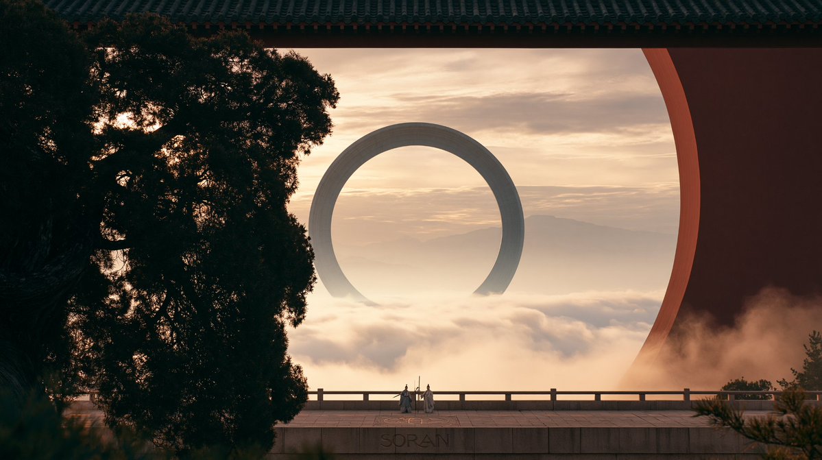 这次真正把空间拉开的，是院落尽头那个悬在云海里的巨大圆环 — visual result shared by @Soranlan