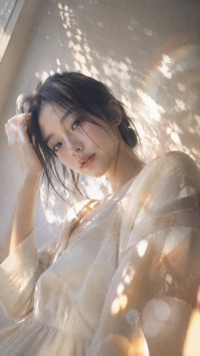帮我生成图片：一位年轻成年女生的近景半身人像，深灰色长发用细带束起并低盘成发髻，发丝自然蓬松 — visual result shared by @YUKIMASTERAI