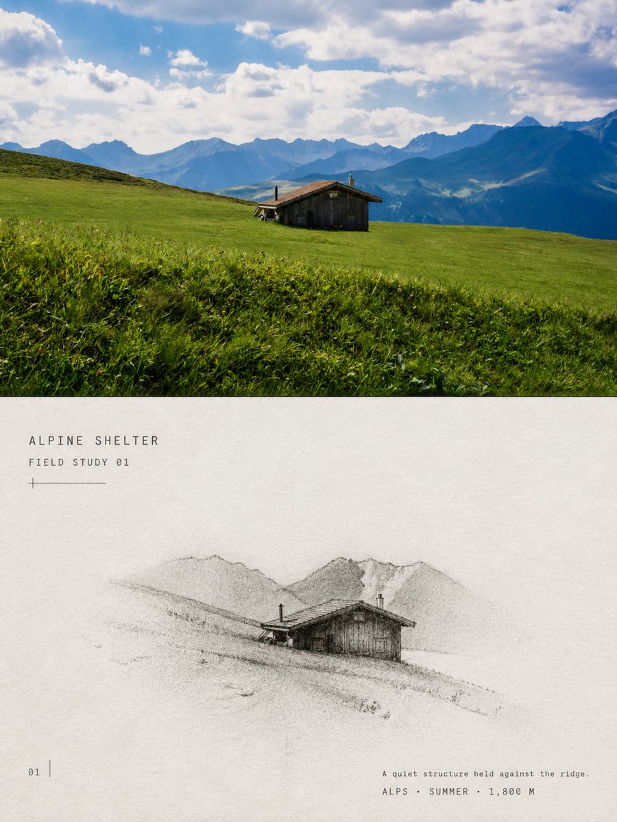 【CHARCOAL VANISHING TRAVEL STUDY｜炭笔消隐旅行习作】 — visual result shared by @Hamburgerai