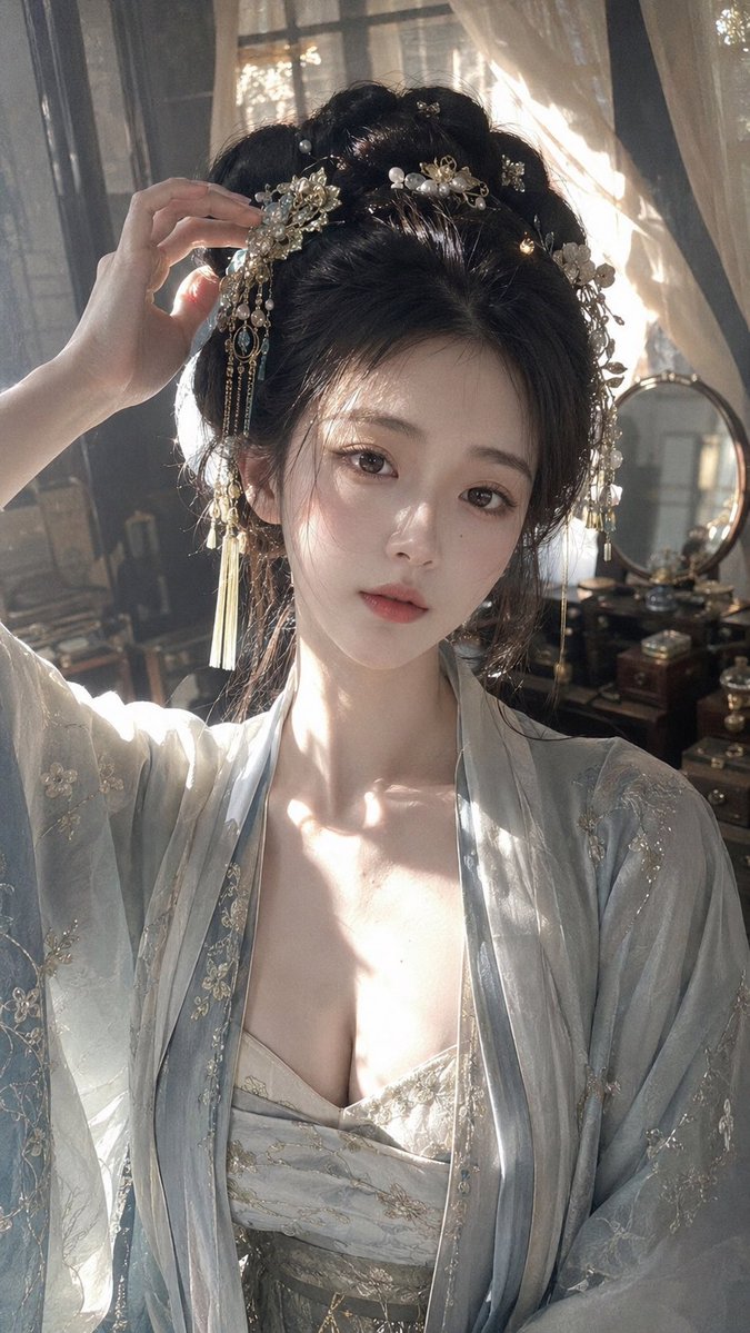 窗棂漏下半寸春光，她抬手扶簪，像把千年前的温柔留在了这一刻☀️ — visual result shared by @AIVideoHub_
