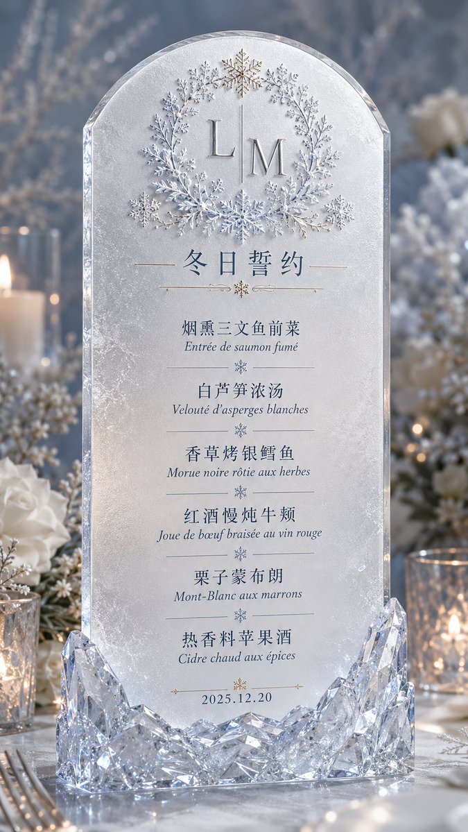 一张冬季冰雪婚礼菜单 — visual result shared by @Mrpinecone888