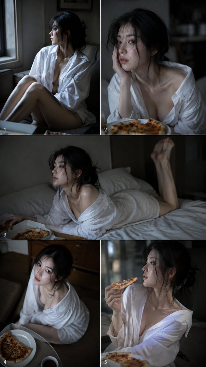 这组真正把“居家写真”做活的,是那盒披萨 — visual result shared by @Soranlan