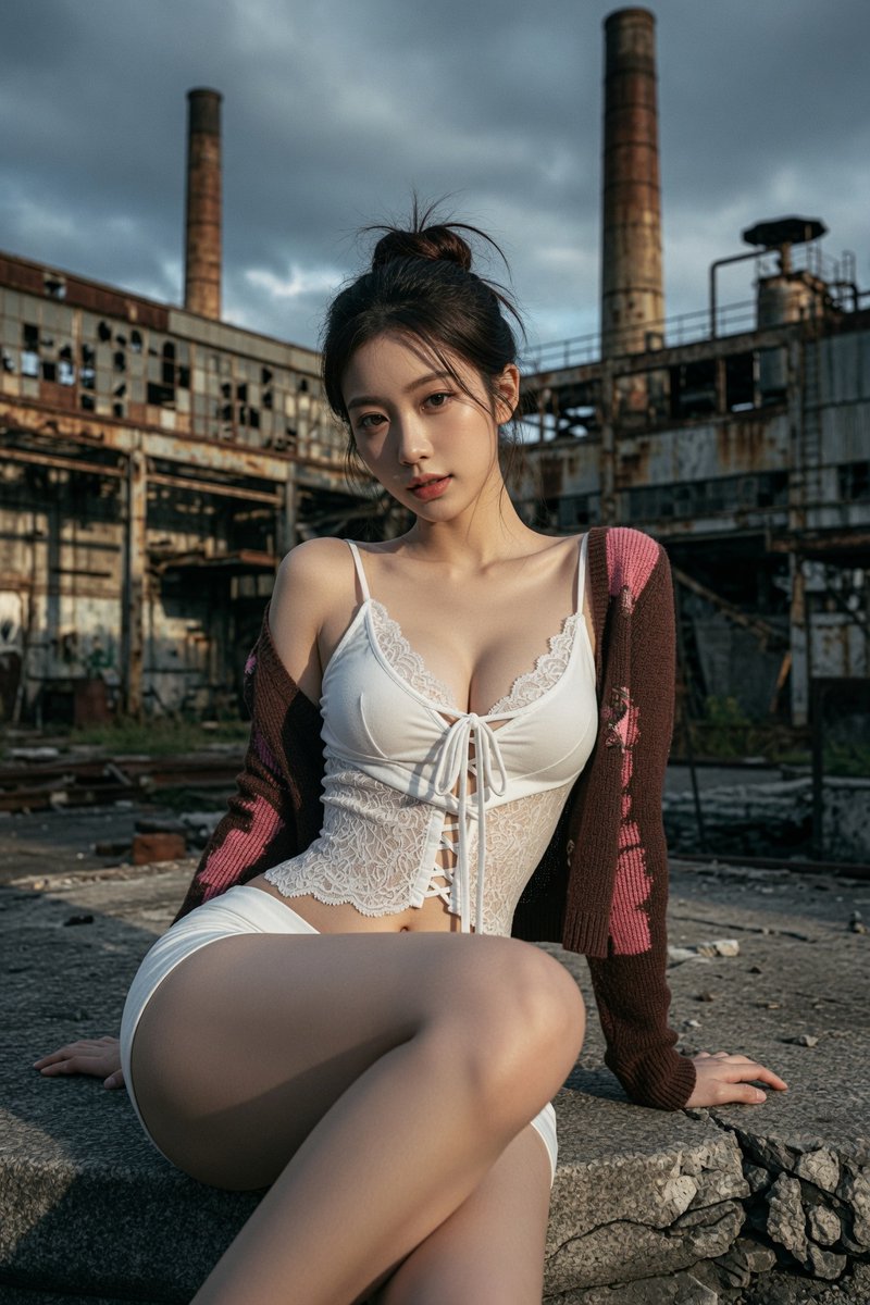 超写实电影感工业废墟时尚人像摄影，一位20多岁的东亚年轻女性坐在废弃工厂屋顶、老工业园高台或 — visual result shared by @ToroJushiAi