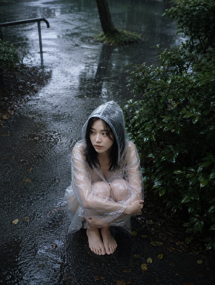 雨の中、カッパを着た女性がしゃがんでいるようです — visual result shared by @collect24995