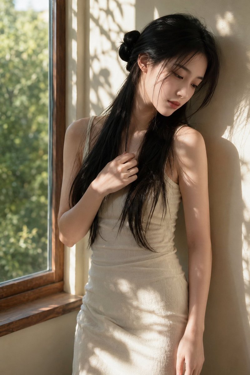 超写实日系自然光室内人像摄影,一位20多岁的东亚年轻女性站在靠窗的浅米色墙边,竖构图,约2: — visual result shared by @ToroJushiAi
