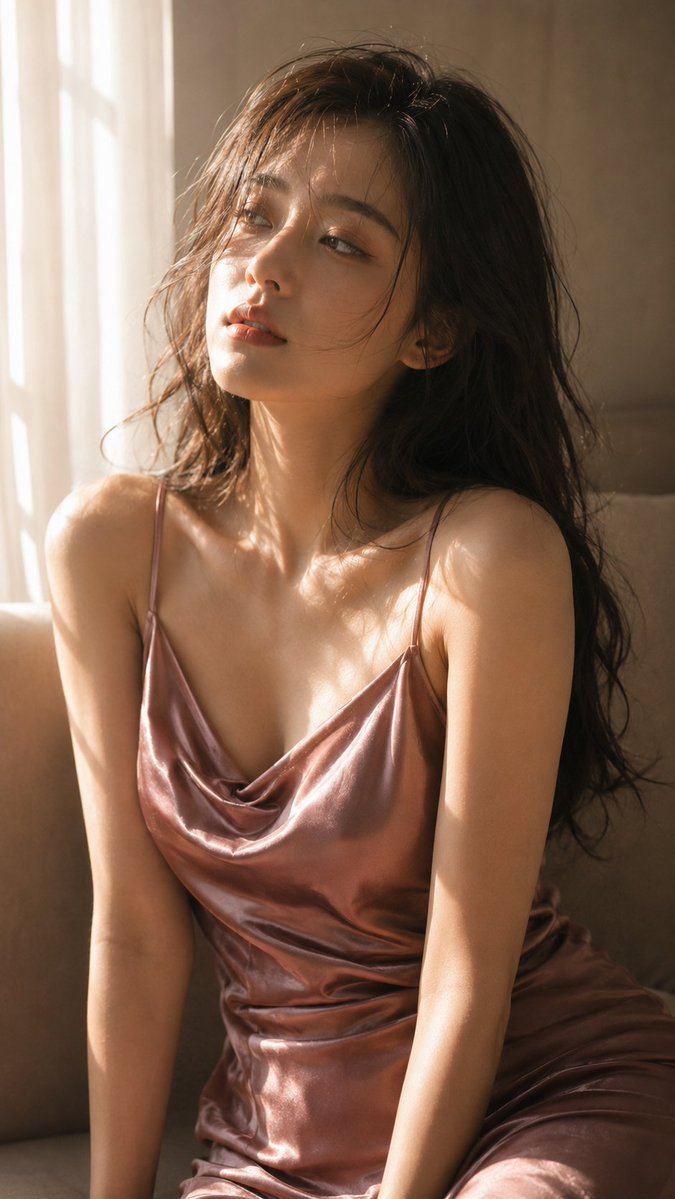 超写实高级自然窗光美容人像摄影,一位20多岁的东亚年轻女性站在明亮窗边,竖构图,约2:3比例 — visual result shared by @ToroJushiAi