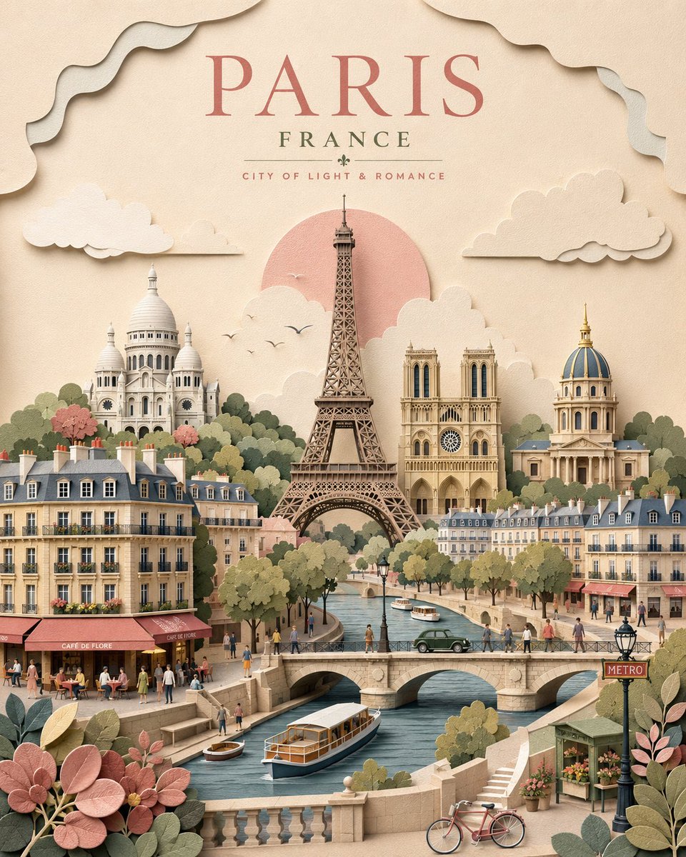Handcrafted layered 3D paper-cut travel poster — visual result shared by @Goodmanprotocol