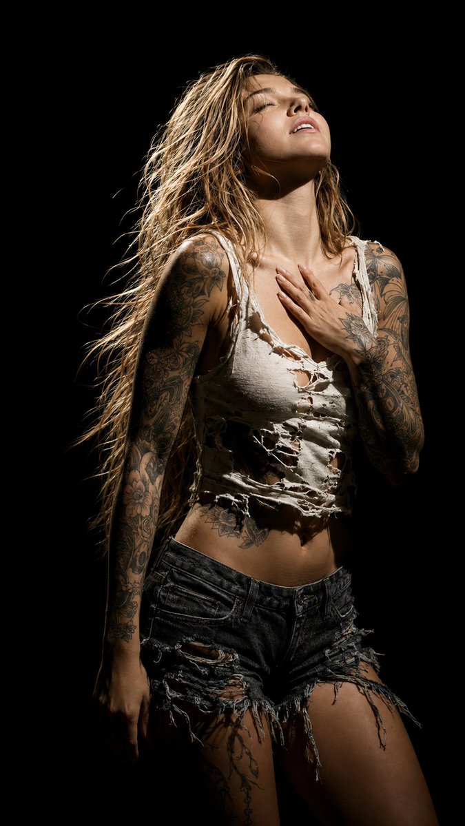 Dramatic Tattooed Woman in Spotlight @ChatGPT — visual result shared by @imGopalTiwari