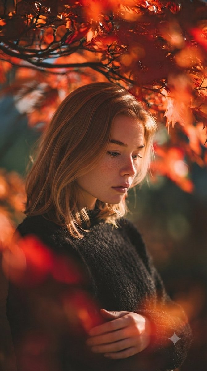 Serene autumn glow, lost in thought.🍁 — visual result shared by @Minahil42298354